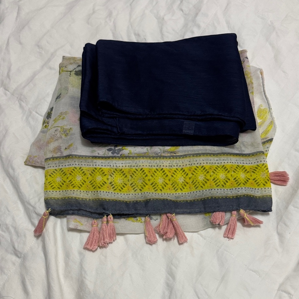 $5- Navy and Yellow Patterned Scarf with Tassels-  2 pcs